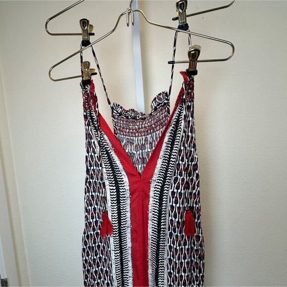 Tracy Reese Anthropologie Smocked Halter Dress 100% Silk Indigo Ruby Motif M NWT - Picture 2 of 12